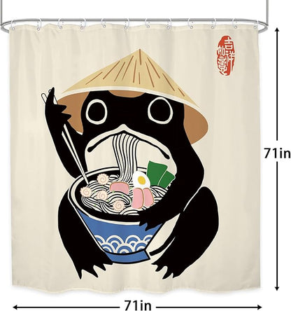 LGhtyro Funny Frog Shower Curtain Bathroom Set 71Wx71H Inches Retro Cute Animal Asian Traditional Japanese Noodles Strawhat Vintage Bath Accessories Kids Children Art Home Decor Fabric 12 Pack Hooks