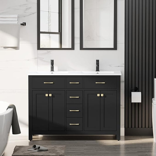 LUCKWIND 48" Bathroom Vanity with Sink Combo, Painted Modern Bathroom Storage Cabinet with Double Resin Sink, Four Doors and Three Drawers, Include Faucet Without Mirror, Black