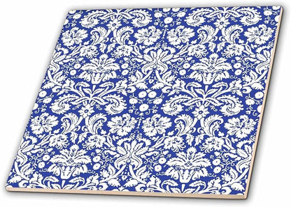 3dRose Royal Blue and White Damask Pattern - Stylish Elegant Victorian Vintage French Floral Swirls - Navy 8 Inch Ceramic Tile