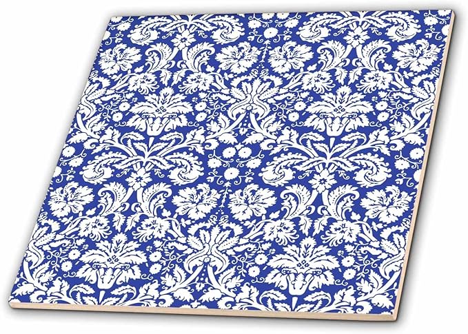 3dRose Royal Blue and White Damask Pattern - Stylish Elegant Victorian Vintage French Floral Swirls - Navy 4 Inch Ceramic Tile