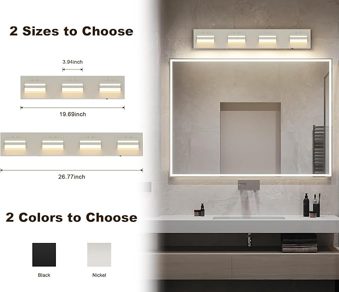 Joossnwell Bathroom Vanity Light Brushed Nickel Bathroom Lighting Fixture Over Mirror Modern (4-Light, 26.77-Inch) Dimmable 5CCT Led Bath Vanity Lighs