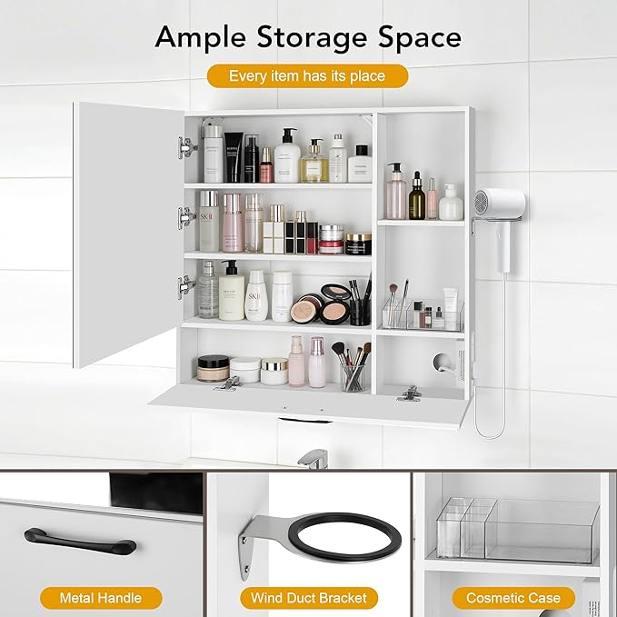 LED Lighting with Socket and USB Bathroom Medicine Mirror Cabinet,Color Changing Anti Fog Light Strip,Equipped with Hair Dryer Rack and Towel Rack,Embedded or Wall Mounted,White