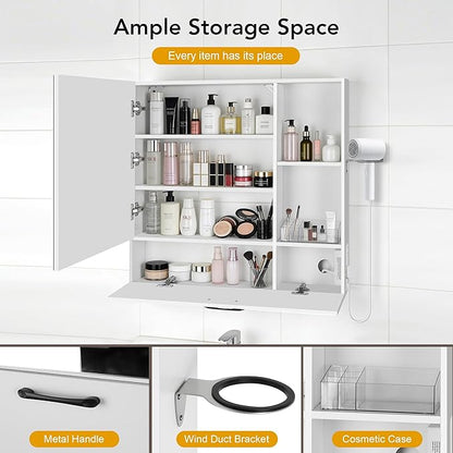 LED Lighting with Socket and USB Bathroom Medicine Mirror Cabinet,Color Changing Anti Fog Light Strip,Equipped with Hair Dryer Rack and Towel Rack,Embedded or Wall Mounted,White