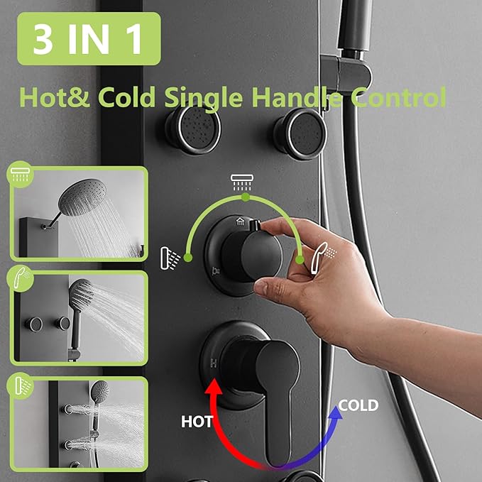 Black Shower Panel Tower System with Rainfall Shower Head, 304 Stainless Steel Shower Panels System with 9-inch Rainfall Shower 6 Rain Massage Body Jets for Bathroom Lavatory Wash
