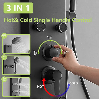 Black Shower Panel Tower System with Rainfall Shower Head, 304 Stainless Steel Shower Panels System with 9-inch Rainfall Shower 6 Rain Massage Body Jets for Bathroom Lavatory Wash