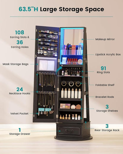 Vlsrka Mirror Jewelry Cabinet Standing with Lights, Lockable, Swivel, Black | Standing Jewelry Armoire with Full Length Mirror, Large Jewelry Organizer Storage with Foldable Makeup Shelf, 3 LED Lights
