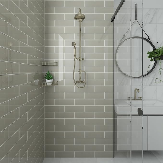 Warm Grey Glass Subway Tile, Glass for Bathroom Kitchen Shower Backsplash Wall, 4 x 12 Inches, 4 Sq.Ft.