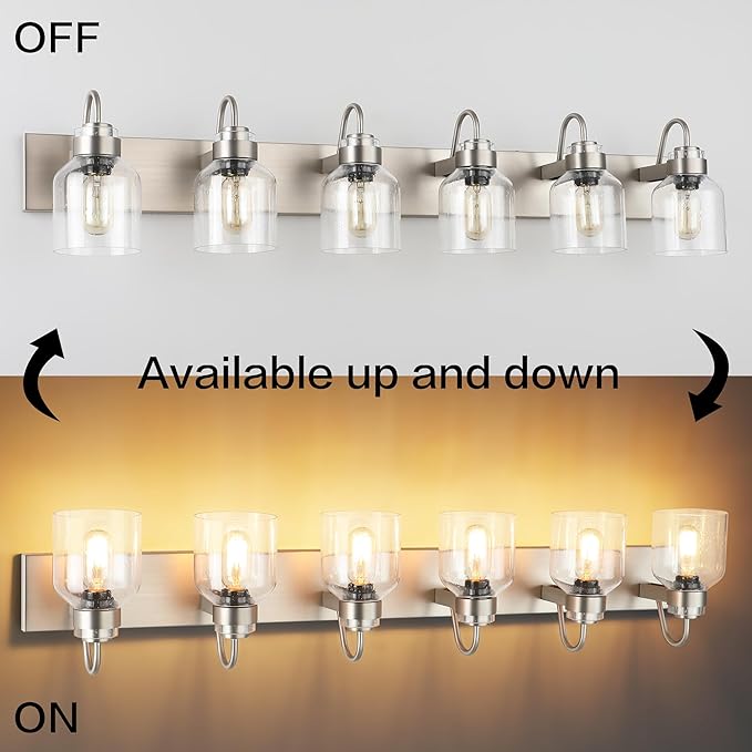 PRESDE Brushed Nickel 6 Light Bathroom Vanity Light for Bathroom Light Fixtures Over Mirror with Bubble Glass Globes Bath Vanity Lighting
