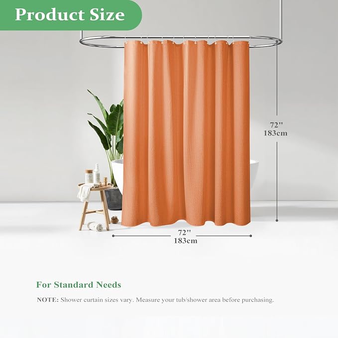 Waffle Shower Curtain 256 GSM Heavy Duty Fabric 72x72 Burnt Orange | Thick Textured Cloth, Weighted Hem, Water Repellent Washable, Hotel Luxury Polyester Shower Curtain Set for Bathroom 12 Hooks