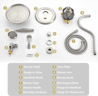 DASAN Rain Shower System Complete Antique Shower Faucet Sets, Shower Fixtures Combo with Pressure Balance Valve, Trim Kit, 9’’ Rainfall Overhead Shower & Handheld, Color Brushed Nickel AT209C-BN