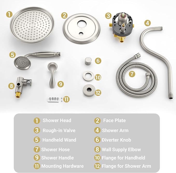 DASANRain Shower System Complete Antique Shower Faucet Sets, Shower Fixtures Combo Set with Pressure Balance Valve, Trim Kit, 9’’ Rainfall Overhead Shower & Handheld, Color Brushed Nickel AT209W-BN
