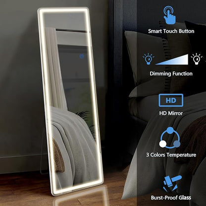 DUMOS 21"x 64" LED Full Length Mirror with Lights, Lighted Floor Full Body Mirrors with 3 Color Lighting, Wall Mounted Stand Mirror for Bedroom, Dressing Room, Living Room, Bathroom