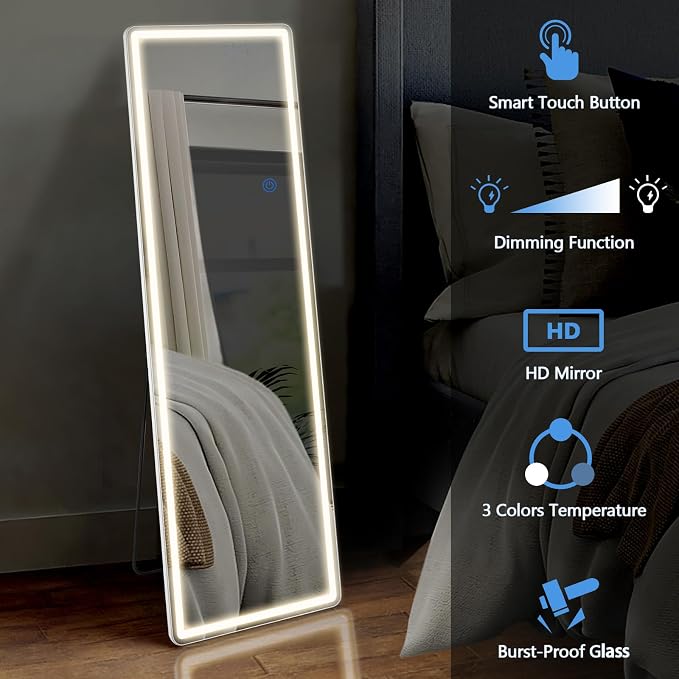 DUMOS LED Mirror Full Length with Stand, 20"x63" Full Body Wall Mirror | LED Lights 3 Color Lighting and Shatterproof Tempered Glass, Wall Hanging or Leaning, Floor Standing, Modern Home Decor