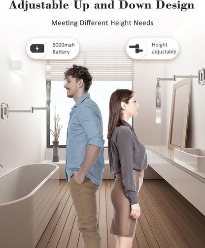 9'' 30X/1X Wall Mounted Height Adjustable Lighted Magnifying Makeup Mirror | 5000mAh Rechargeable Bathroom Mirror with 3 Color Modes Light, Extended Arm Space Saving for Apartment, Hotel, Rental House
