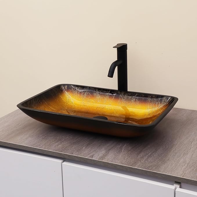 Logmey 22" Glass Bathroom Vessel Sink Vanity Countertop Rectangular Bowl with Black Pop up Drain Set,Glass Art Basin,Yellow Gradient