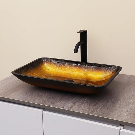 Logmey 22" Glass Bathroom Vessel Sink Vanity Countertop Rectangular Bowl with Black Pop up Drain Set,Glass Art Basin,Yellow Gradient