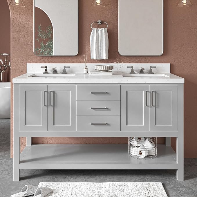 ARIEL Magnolia 60-inch Bathroom Vanity with Sink,Solid Wood, 1.5-inch Carrara White Quartz Countertop & Backsplash, Double Rectangular Porcelain Sink, 4 Soft Closing Doors, 3 Dovetail Drawers, Grey
