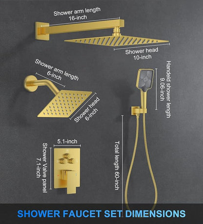 Woindo Shower Faucet Set, 10" Wall Mount Rainfall Shower System with 2 Rain Shower Head and Multi-function Handheld Head Push Button Diverter Shower Faucet Trim Kit