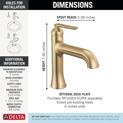 Delta Bonacci Brushed Gold Bathroom Faucet 1 Hole, Single Hole Bathroom Sink Faucet for Vanity, Metal Push-Pop Drain Assembly, Lumicoat Champagne Bronze 545-CZ-PR-DST