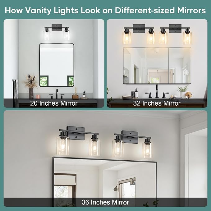Ascher Bathroom Light Fixtures, 2-Light Vanity Light Over Mirror, Matte Black Wall Sconces with Clear Glass Shades, Wall Lamp for Living Room Bedroom, E26 Base(Bulbs Not Included)