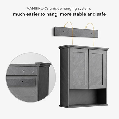 Bathroom Wall Cabinet Over Toilet Storage Cabinets 25x30 in Above Toilet Wood Medicine Cabinets for Bathroom Wall Mounted Cabinet with 2 Door & Adjustable Shelf Texture Grey
