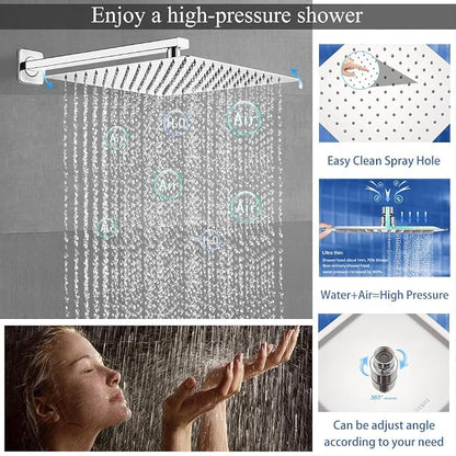 Shower Faucet Set 16 Inch Wall Mount Rain Shower System, All Metal Shower Fixtures - Polished Chrome