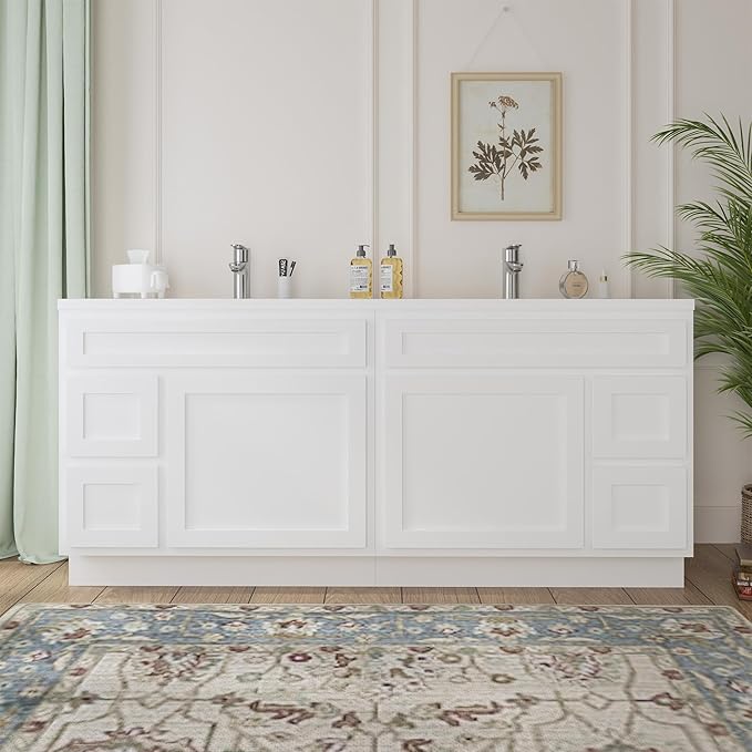 Vanity Art 72 Inch Bathroom Vanity with 2-Door 4-Drawer, Wood Bathroom Vanity Cabinet with Soft Closing Drawer, Floor Mounted White Cabinet Without Top VA4072-LRW