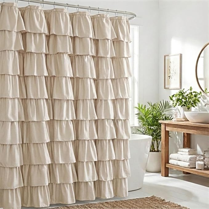 Seasonwood Small Beige Ruffle Shower Curtain Natural Farmhouse, 72"x72" | Cascading full-length fabric tiers, soft dimensional texture, vintage shabby chic styling for decorative bathroom updates