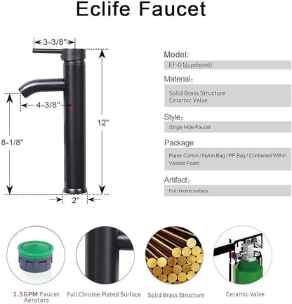 eclife 72" Modern Bathroom Vanity Sink Combo Freestanding Cabinet with Small Side Cabinet, Brown Round Glass Vessel Sink, Water Save Faucet, Drain (Black+A09)