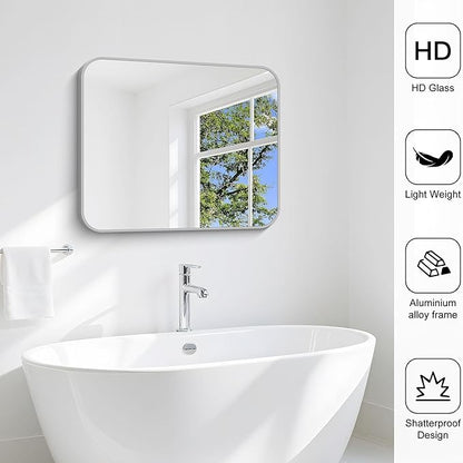 Silver Bathroom Mirror, 30 x 36 Inch Metal Framed Silver Rectangle Mirror, Rounded Corner Rectangular Vanity Mirror, Wall Mounted Mirror for Living Room Bedroom Entryway Horizontal/Vertical