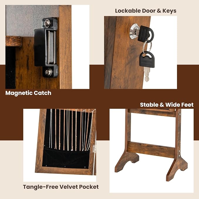 GOFLAME Jewelry Armoire Cabinet Standing, Lockable Full Length Mirror with Storage Shelves and 2 Drawers, Adjustable Tilt Angles, Stand Up Jewelry Box with Lighted Mirror (Rustic Brown)