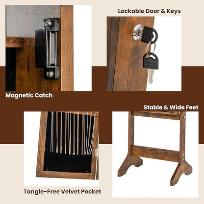 GOFLAME Jewelry Armoire Cabinet Standing, Lockable Full Length Mirror with Storage Shelves and 2 Drawers, Adjustable Tilt Angles, Stand Up Jewelry Box with Lighted Mirror (Rustic Brown)