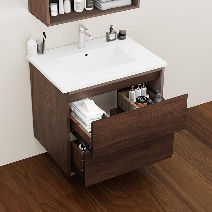 24 Inch Floating Bathroom Vanity Cabinet Only, Wall Mounted Wood Cabinet with 2 Divided Storage Drawers, Space-Saving Design for Small Bathroom, Rich Walnut Lacquer Finish, Easy Assembly