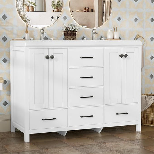 46.7 inch Bathroom Sink Vanity Combo, Large Freestanding Double Bath Vanity Sink Set with 2 Cabinets & 5 Drawers, Dual Basin Modern Bathroom Storage Cabinet, Modern White