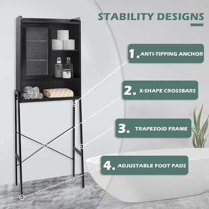 SUNTAGE Over Toilet Storage Cabinet for Bathroom, Over Toilet Shelf Organizer, Freestanding Space Saver with Adjustable Shelves, Wide Open Shelf, Acrylic Sliding Door, Metal Frame, Black