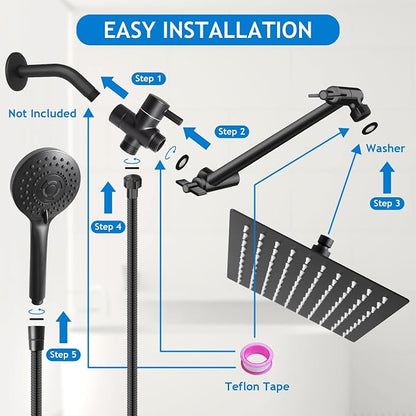 12” Black High/Low Pressure Water Rain Shower Head with 11” Extension Arm | 5 Settings Handheld Shower Head Combo,Powerful Shower Spray - Matte Black, Powerful Shower Spray Against Low Pressure Water