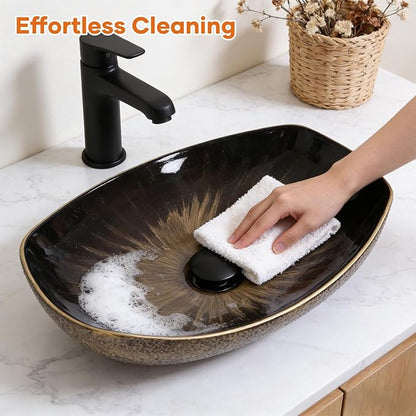Vessel Sink 22"X16" Round Bathroom Sinks Above Counter, Countertop Bathroom Vessel Sinks, Black Modern Ceramic Vanity Sink