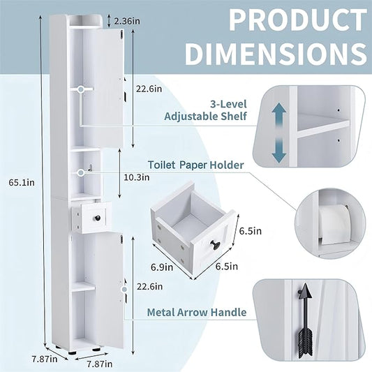 VECELO Narrow Bathroom Storage Cabinet, Tall Cabinet with Adjustable Shelves & Toilet Paper Holder & Drawer, Slim Freestanding Floor Cabinets with Magnetic Door for Small Spaces, White