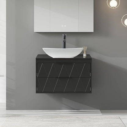 eclife 30" Floating Bathroom Vanities with Sink Combo, Wall Mounted Modern Cabinet W/Diamond Line Pattern Design, White Curved Ceramic Vessel Sink W/Water Save Faucet & Pop Up Drain, Black