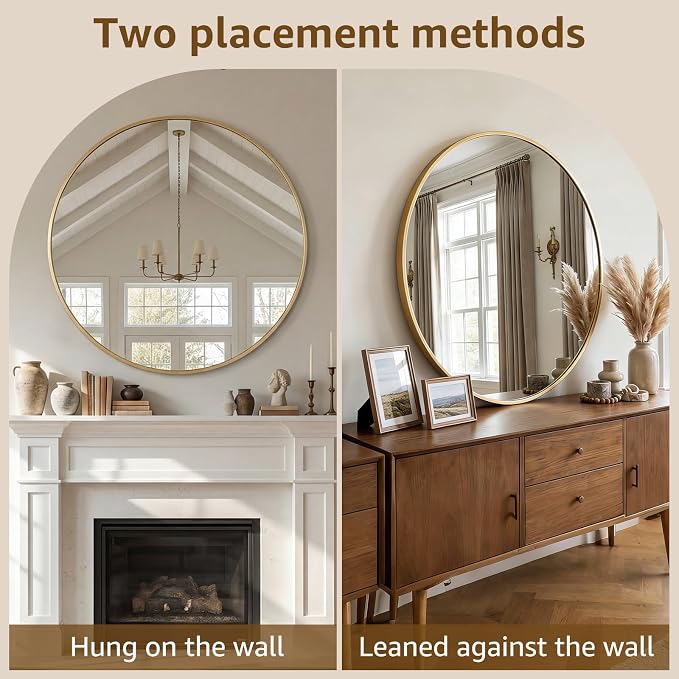DUMOS 24 Inch Round Wall Mirror, Bathroom Mirrors for Over Sink | Matte Metal Framed Circle Mirror, Wall Decor for Bedroom, Entryway, Anti-Rust, Tempered Glass, Hanging or Leaning, Gold