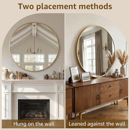 DUMOS 24 Inch Round Wall Mirror, Bathroom Mirrors for Over Sink | Matte Metal Framed Circle Mirror, Wall Decor for Bedroom, Entryway, Anti-Rust, Tempered Glass, Hanging or Leaning, Gold