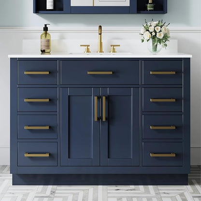 48-Inch Bathroom Vanity with Sink W/ 2 Doors & 8 Drawers & 1 Flip Drawer, Navy Blue Vanity W/Brushed Gold Handles