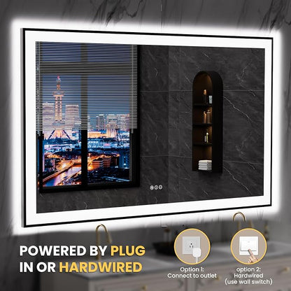 LOAAO 60"X36" LED Bathroom Mirror Black Framed | Anti-Fog, Dimmable, Memory Function, Tempered Glass, Lighted Vanity Mirror for Wall