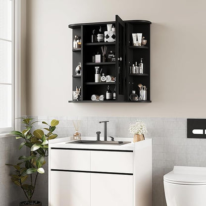 Shintenchi Bathroom Wall Cabinet with Mirror, Mounted Medicine Cabinets with 4 Internal and 6 Open Shelves, Mirrored Door Over The Toilet Storage, Black