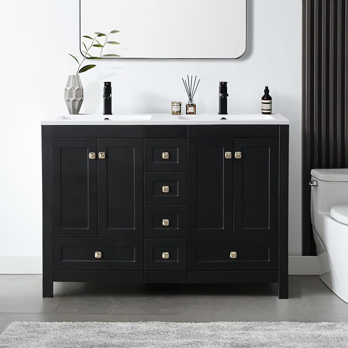 LUCKWIND 48" Bathroom Vanity and Sink Combos, Modern Bathroom Storage Painted Cabinet with Undercounter Resin Dual Sink Top, Matte Black Faucet and 6 Drawers, Mirror Not Included, Black