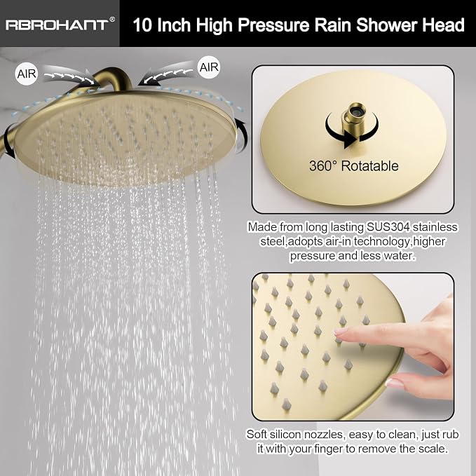 RBROHANT Exposed Shower System with Tub Spout, Brushed Gold Exposed Pipe Shower Faucet with 3 Functions Brass Shower Valve, Shower Height Adjustable, Wall Mounted