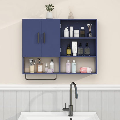 Bathroom Wall Cabinet with Towel Bar & 2 Doors, Blue | Wall mounted cabinet for bathroom, over the toilet storage with multiple compartments organize toiletries, cosmetics