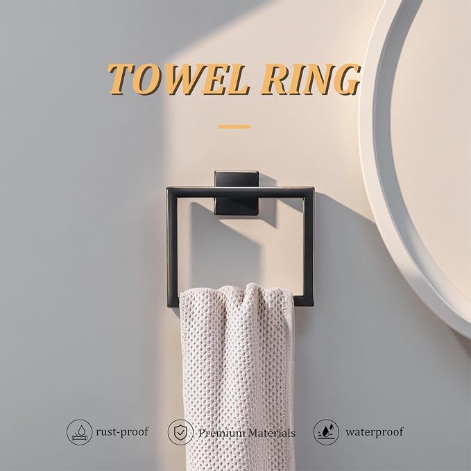 5 Pieces Bathroom Hardware Accessories Set 16 Inch Wall Mounted Towel Bar Set Matte Black Towel Rack Rings Stainless Steel Toilet Paper Holder Bath Coat Hooks