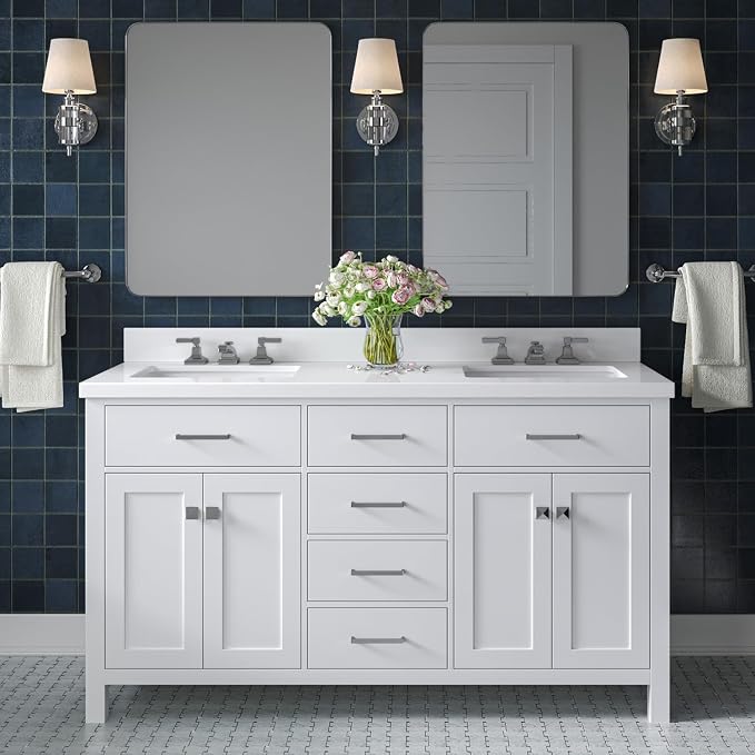 ARIEL Bristol 60-inch Bathroom Vanity with Sink,Solid Wood, 1.5-inch Pure White Quartz Countertop & Backsplash, Double Rectangular Porcelain Sink, 4 Soft Closing Doors, 3 Dovetail Drawers, White