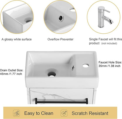 Malwee 16" Floating Bathroom Vanity with Sink, 16 inch Modern White Wall Mounted Bathroom Cabinet Combo for Small Space, Narrow Bath Wall-Hung Vanity Set with 1 Ceramic Basin and 1 Door(16cw)